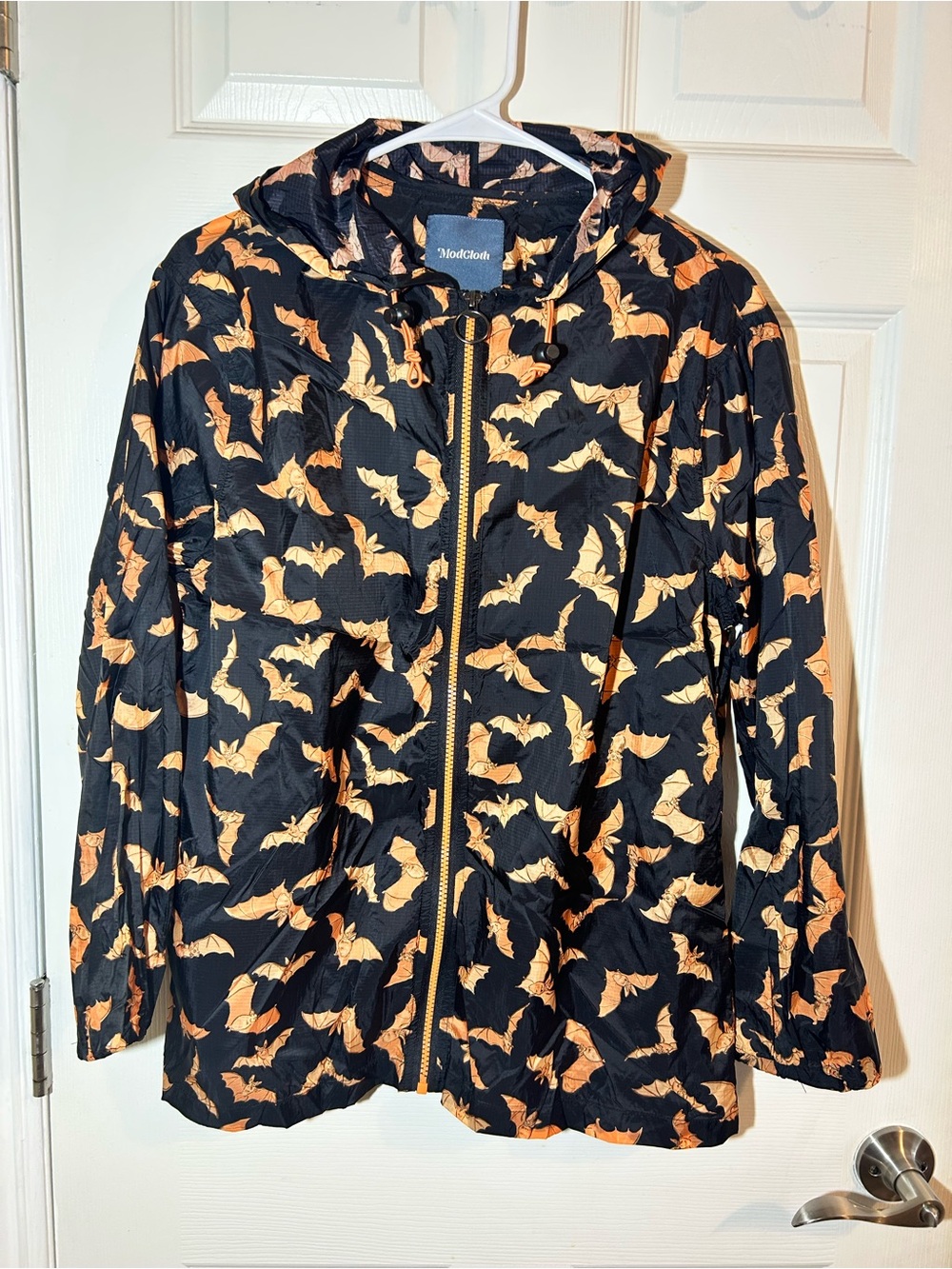 ModCloth Halloween Black & Orange Bat Print Hooded Jacket Sz S